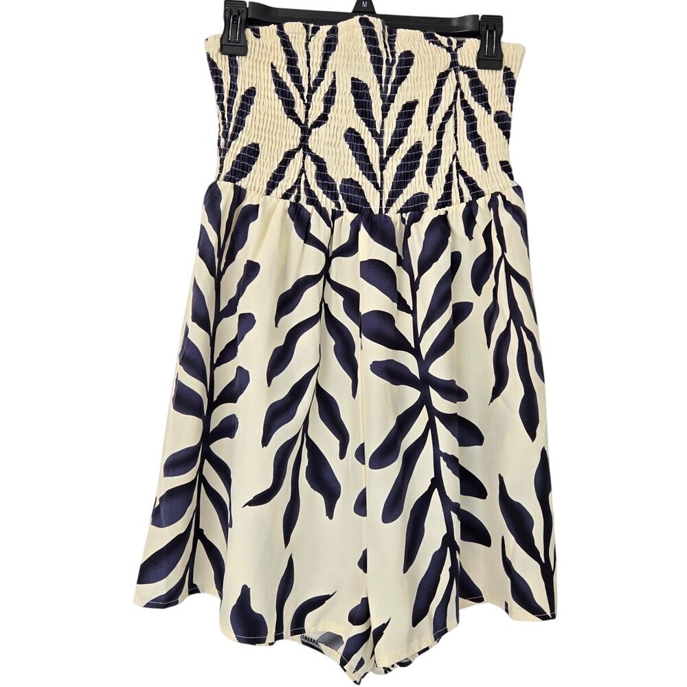 Blue Cream Leaf Vine Strapless Tube Romper Smocked Bust Vacation Style M